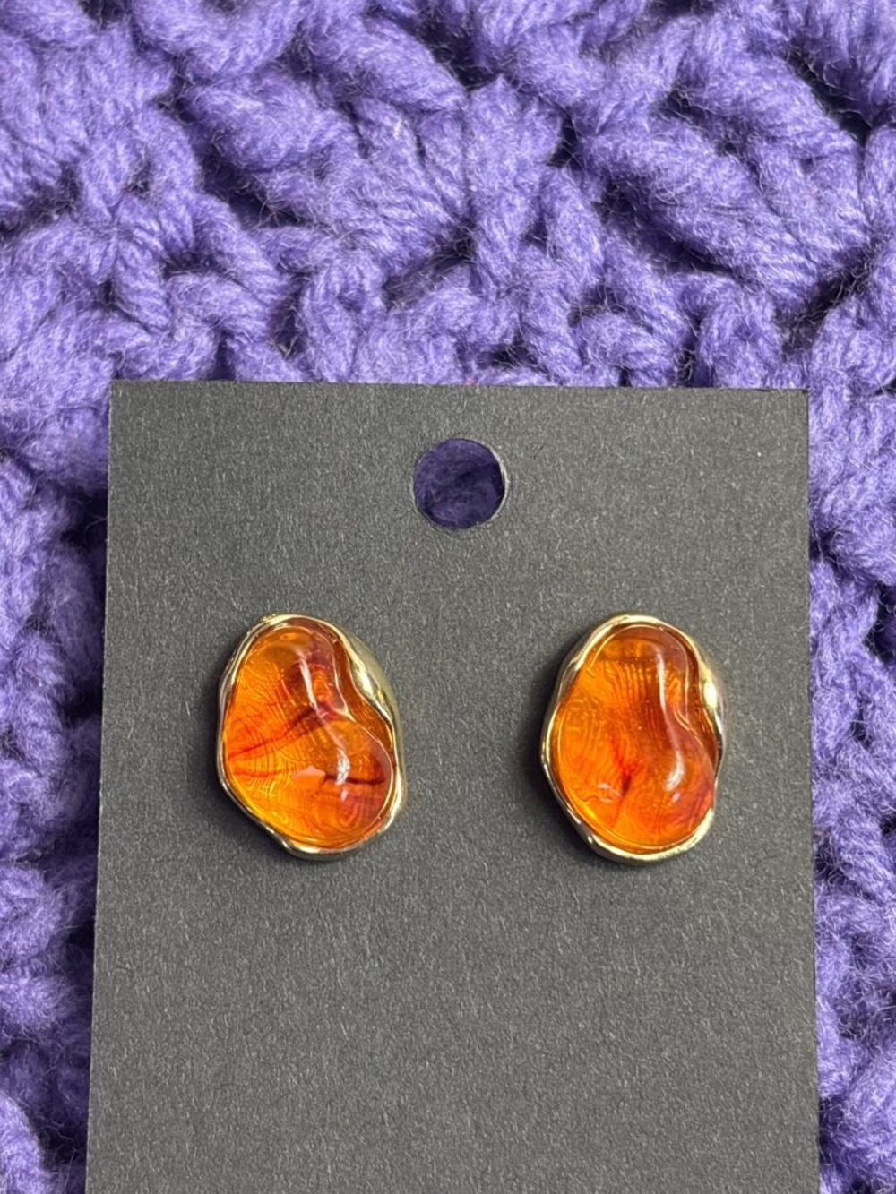 Abstract Orange Resin Goldtone Stud Earrings 5/8 inch